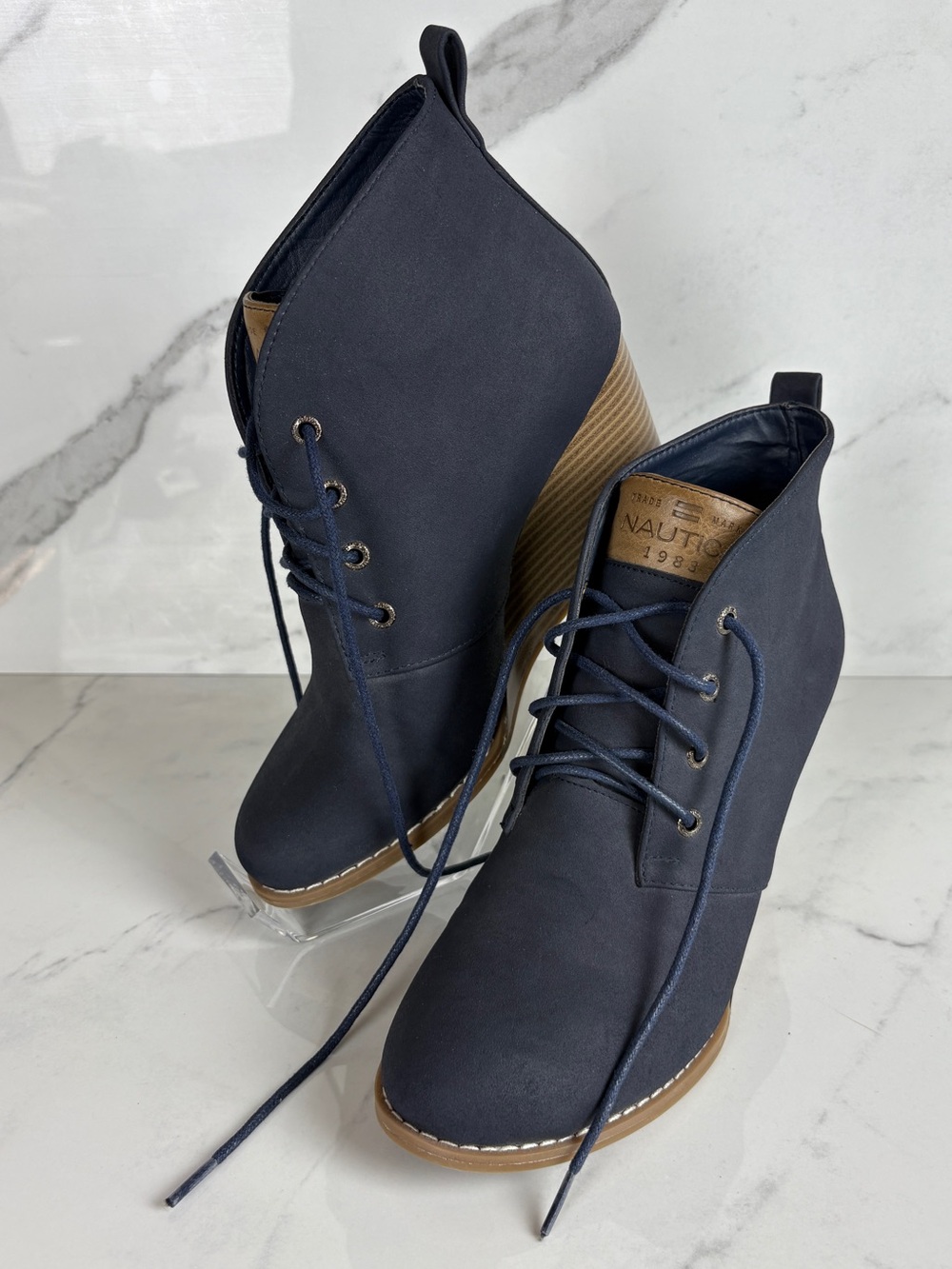 Nautica Waterline Navy Blue Suede Wedge Booties Size 8